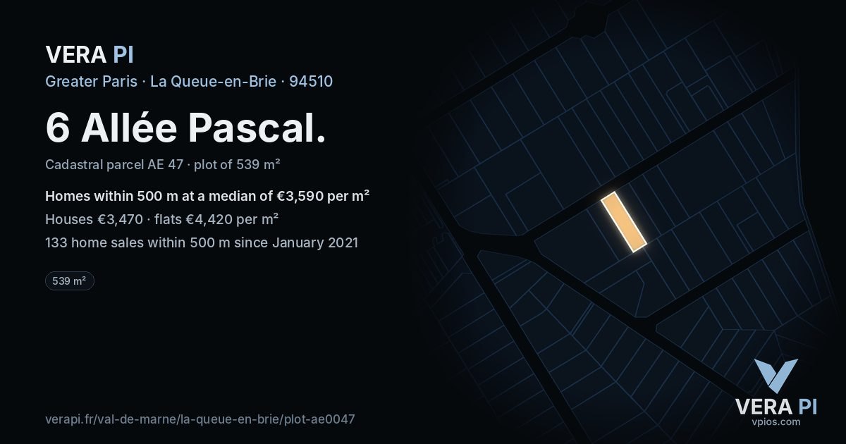 6 Allée Pascal, La Queue-en-Brie at night – the plot lit, the parcels around coloured by the prices near them