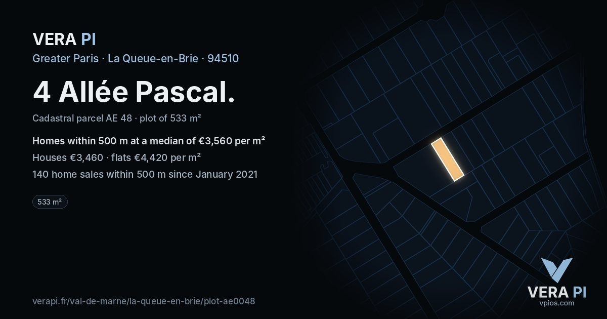 4 Allée Pascal, La Queue-en-Brie at night – the plot lit, the parcels around coloured by the prices near them