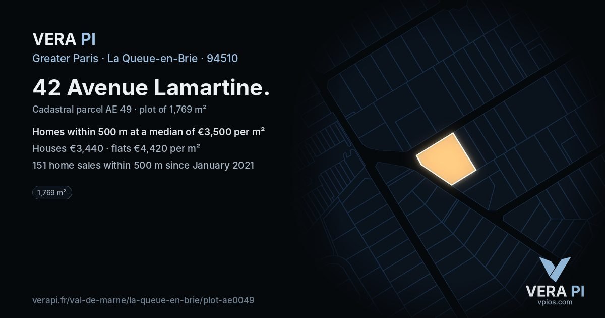 42 Avenue Lamartine, La Queue-en-Brie at night – the plot lit, the parcels around coloured by the prices near them