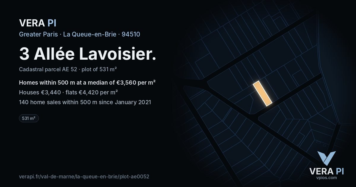 3 Allée Lavoisier, La Queue-en-Brie at night – the plot lit, the parcels around coloured by the prices near them
