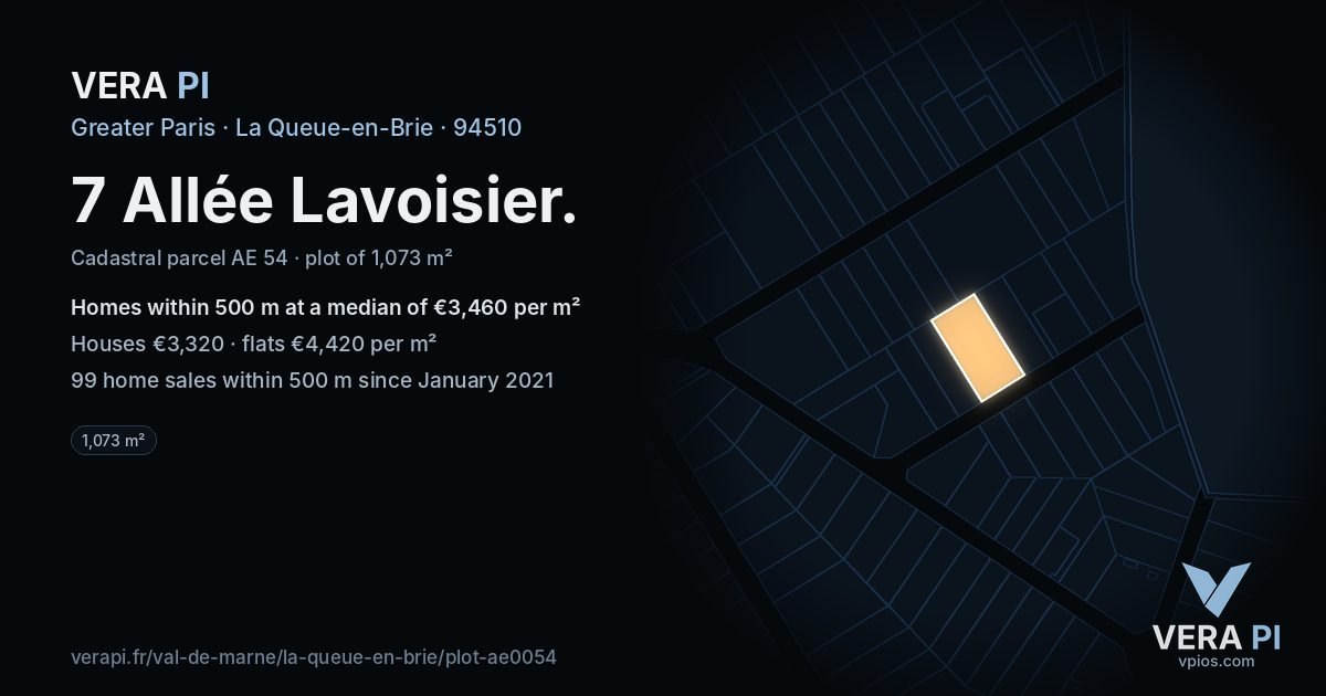 7 Allée Lavoisier, La Queue-en-Brie at night – the plot lit, the parcels around coloured by the prices near them