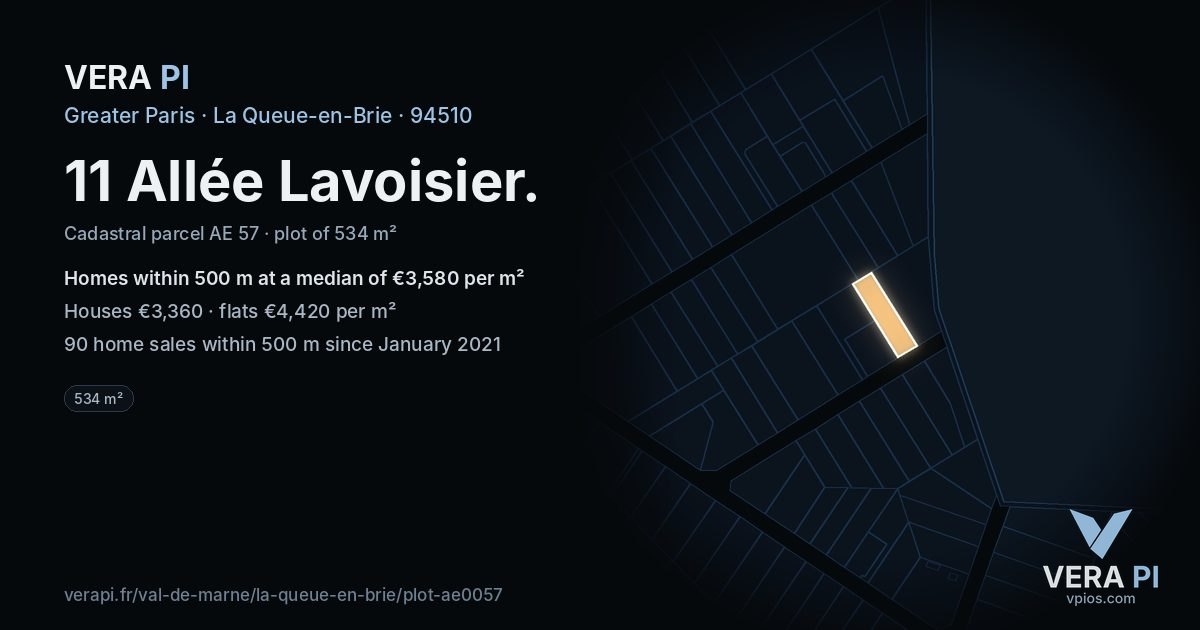 11 Allée Lavoisier, La Queue-en-Brie at night – the plot lit, the parcels around coloured by the prices near them