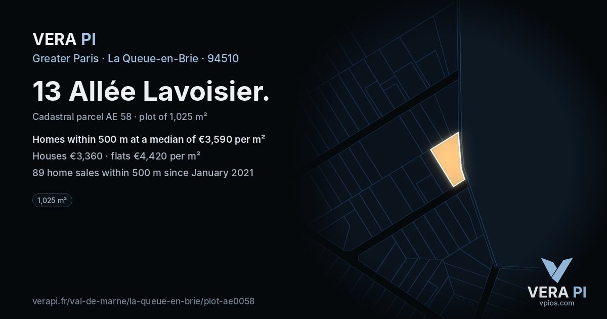 13 Allée Lavoisier, La Queue-en-Brie at night – the plot lit, the parcels around coloured by the prices near them