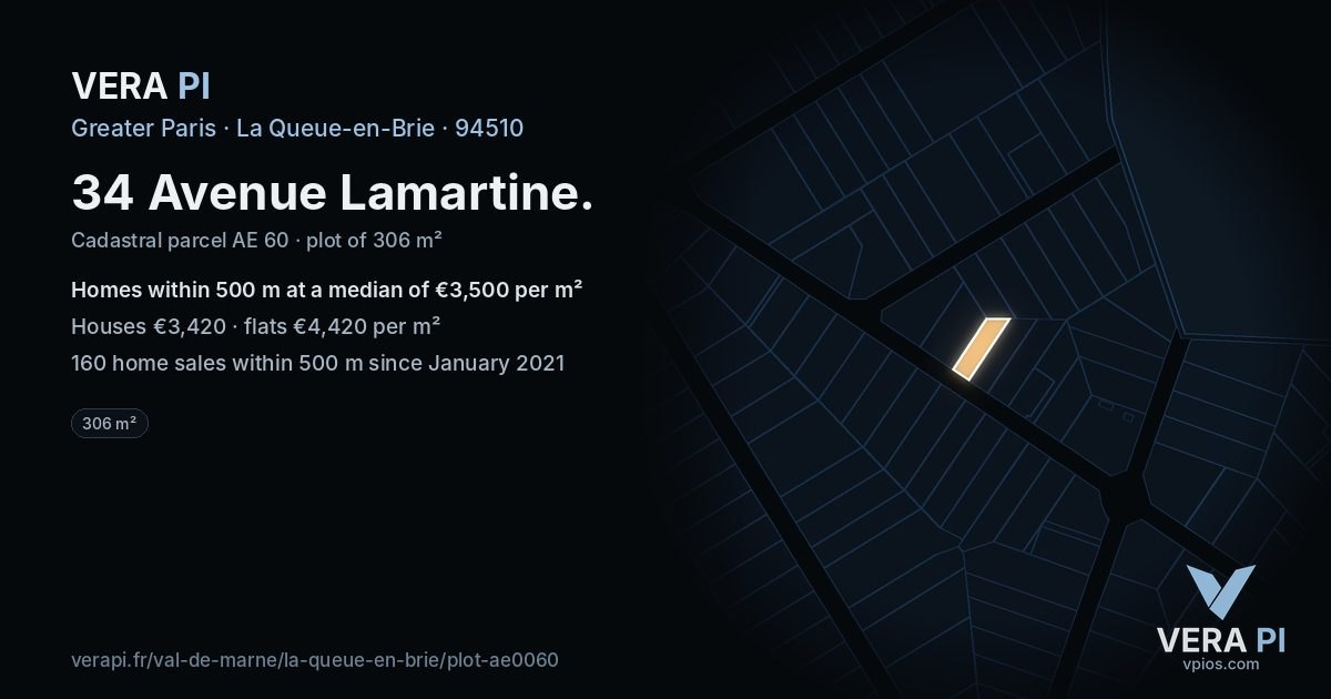 34 Avenue Lamartine, La Queue-en-Brie at night – the plot lit, the parcels around coloured by the prices near them