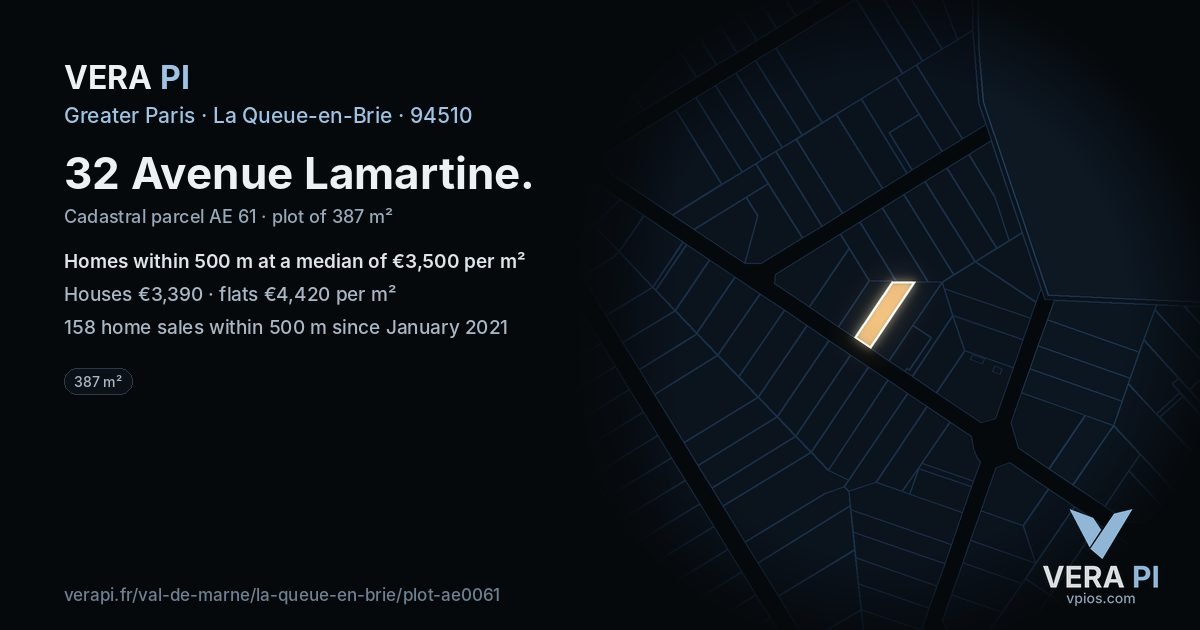32 Avenue Lamartine, La Queue-en-Brie at night – the plot lit, the parcels around coloured by the prices near them