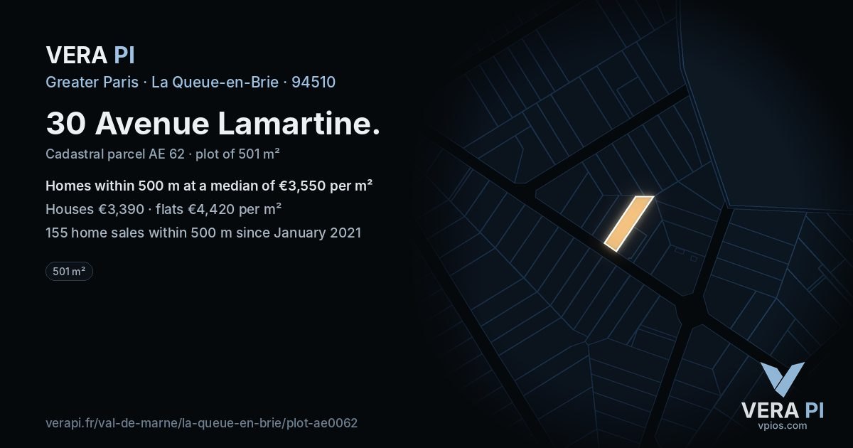 30 Avenue Lamartine, La Queue-en-Brie at night – the plot lit, the parcels around coloured by the prices near them