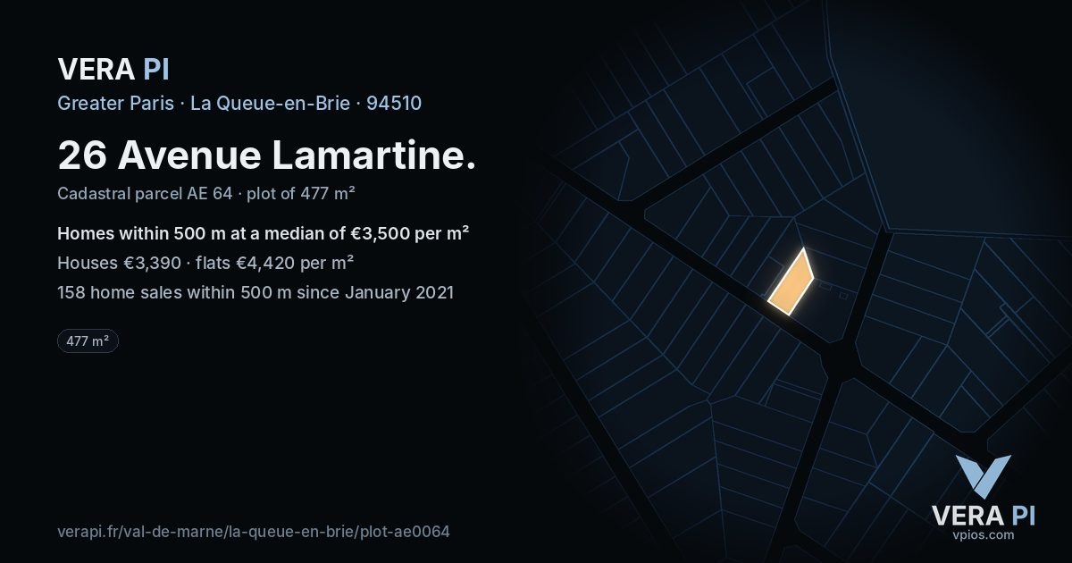 26 Avenue Lamartine, La Queue-en-Brie at night – the plot lit, the parcels around coloured by the prices near them