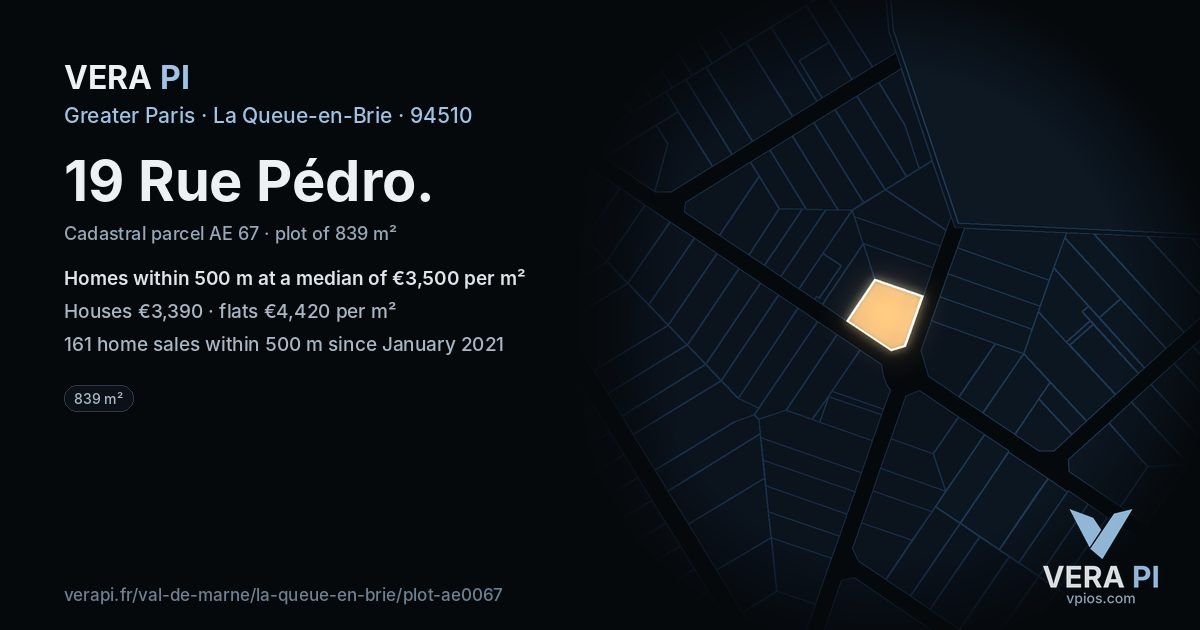 19 Rue Pédro, La Queue-en-Brie at night – the plot lit, the parcels around coloured by the prices near them