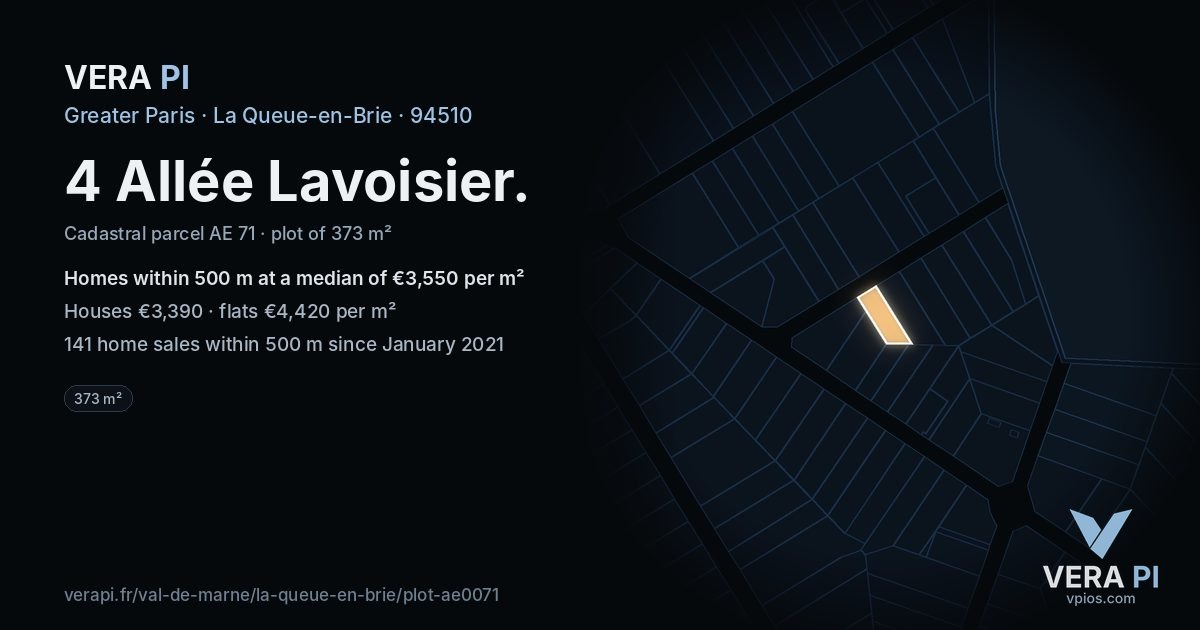 4 Allée Lavoisier, La Queue-en-Brie at night – the plot lit, the parcels around coloured by the prices near them