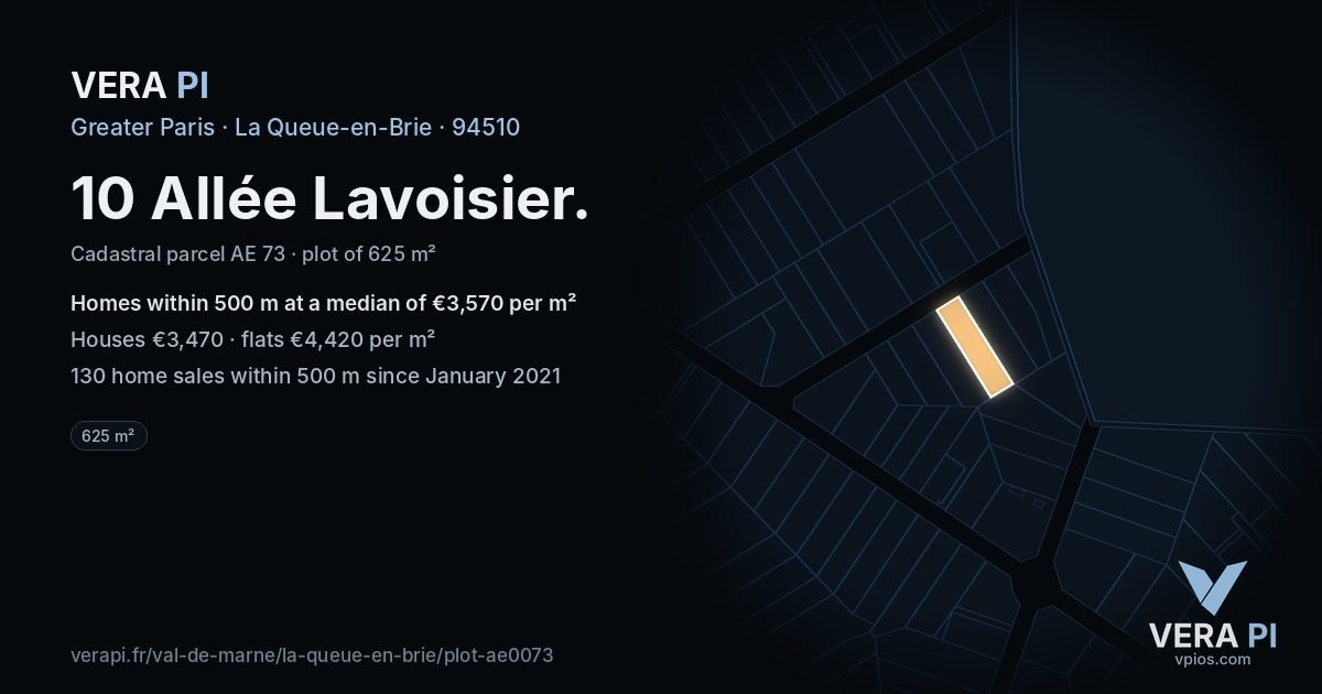 10 Allée Lavoisier, La Queue-en-Brie at night – the plot lit, the parcels around coloured by the prices near them