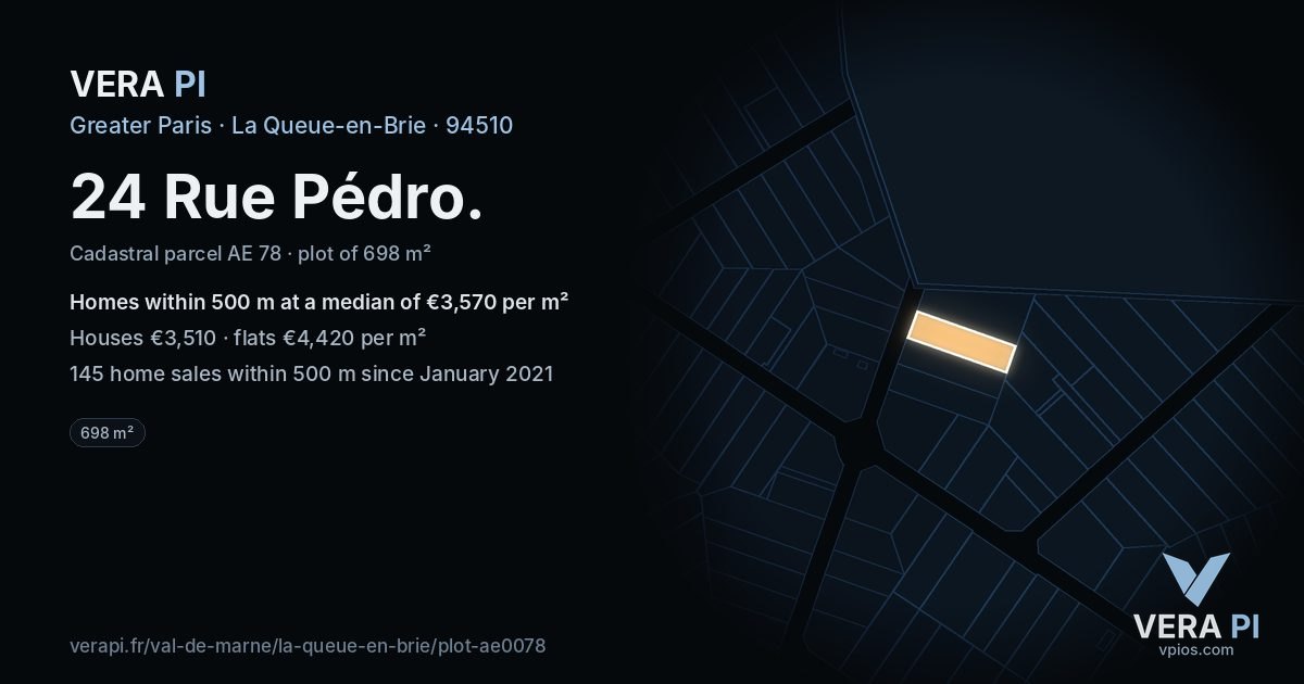 24 Rue Pédro, La Queue-en-Brie at night – the plot lit, the parcels around coloured by the prices near them