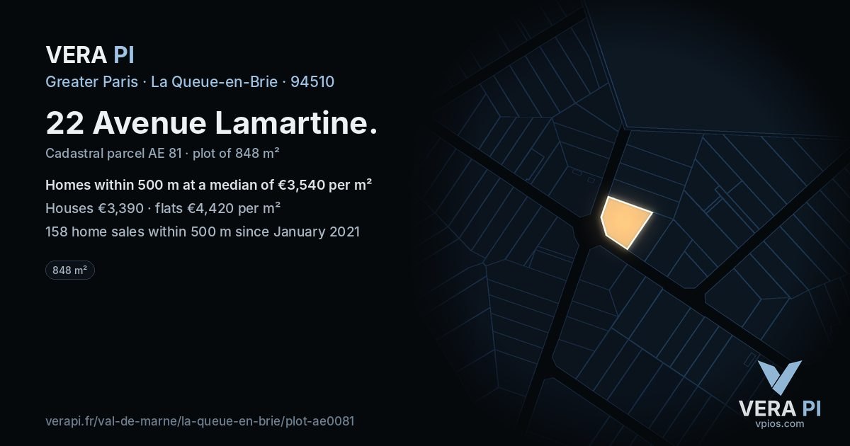 22 Avenue Lamartine, La Queue-en-Brie at night – the plot lit, the parcels around coloured by the prices near them