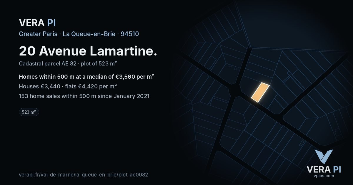 20 Avenue Lamartine, La Queue-en-Brie at night – the plot lit, the parcels around coloured by the prices near them
