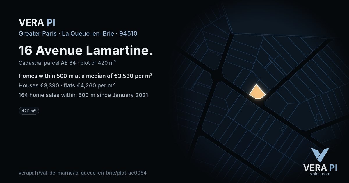 16 Avenue Lamartine, La Queue-en-Brie at night – the plot lit, the parcels around coloured by the prices near them