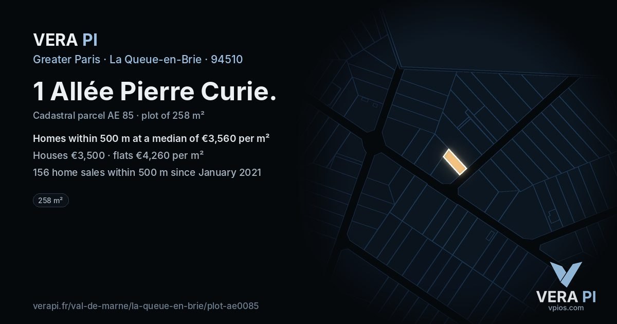 1 Allée Pierre Curie, La Queue-en-Brie at night – the plot lit, the parcels around coloured by the prices near them