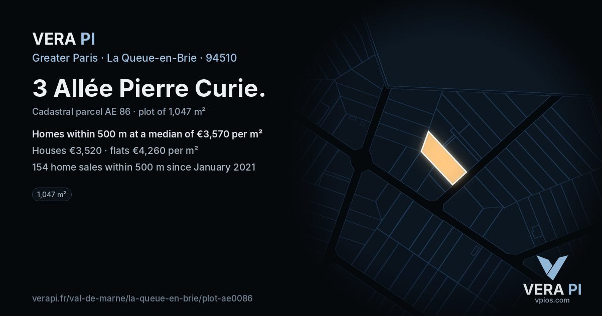 3 Allée Pierre Curie, La Queue-en-Brie at night – the plot lit, the parcels around coloured by the prices near them
