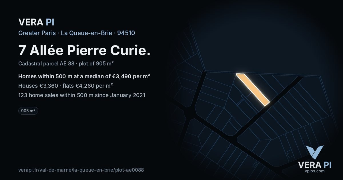 7 Allée Pierre Curie, La Queue-en-Brie at night – the plot lit, the parcels around coloured by the prices near them
