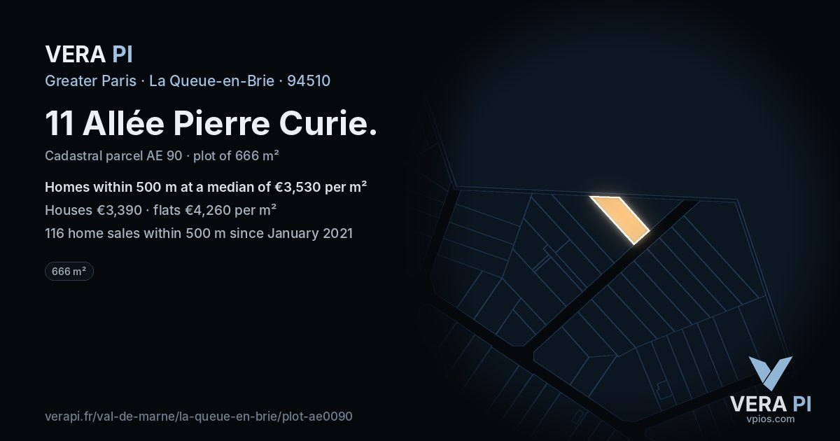 11 Allée Pierre Curie, La Queue-en-Brie at night – the plot lit, the parcels around coloured by the prices near them