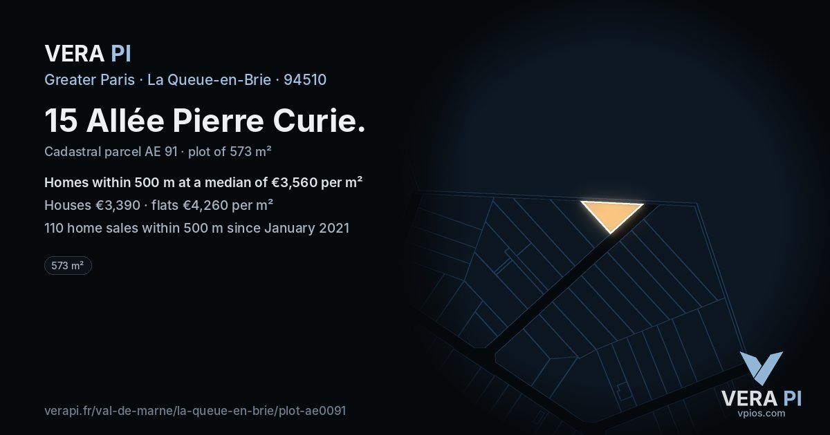 15 Allée Pierre Curie, La Queue-en-Brie at night – the plot lit, the parcels around coloured by the prices near them