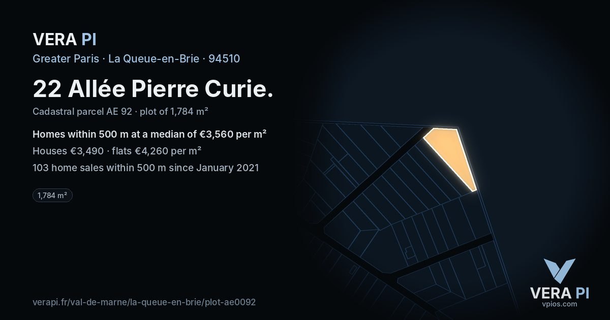 22 Allée Pierre Curie, La Queue-en-Brie at night – the plot lit, the parcels around coloured by the prices near them