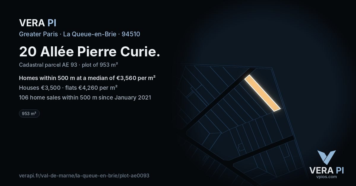 20 Allée Pierre Curie, La Queue-en-Brie at night – the plot lit, the parcels around coloured by the prices near them