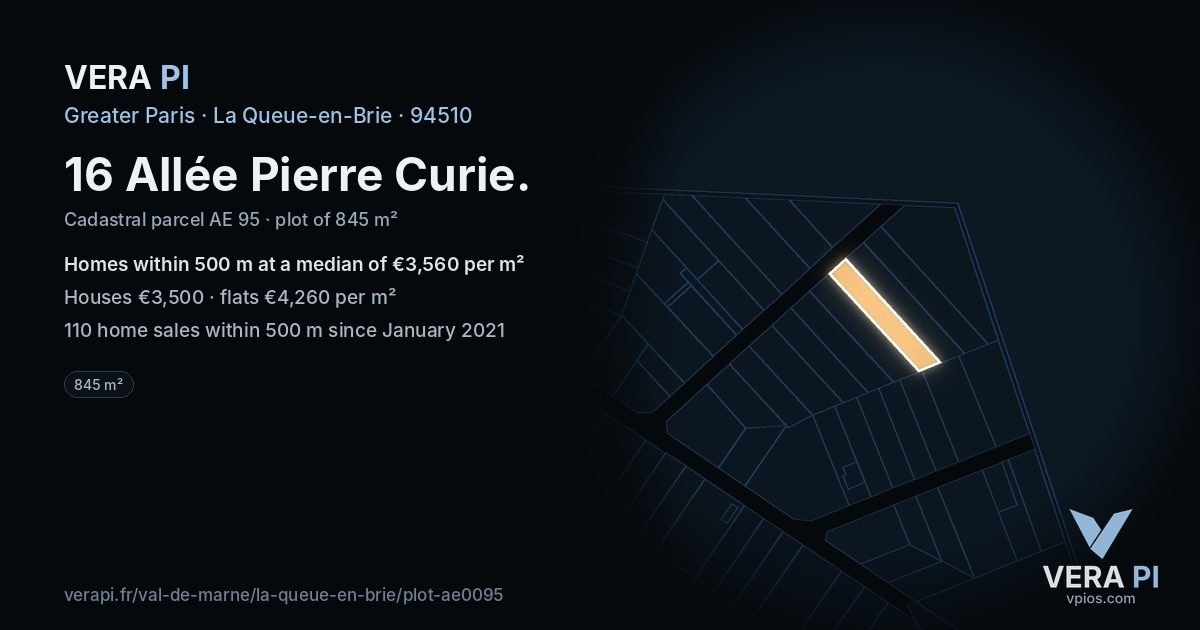 16 Allée Pierre Curie, La Queue-en-Brie at night – the plot lit, the parcels around coloured by the prices near them