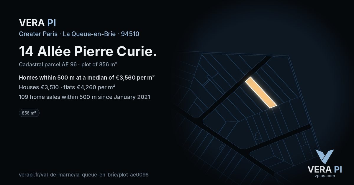 14 Allée Pierre Curie, La Queue-en-Brie at night – the plot lit, the parcels around coloured by the prices near them