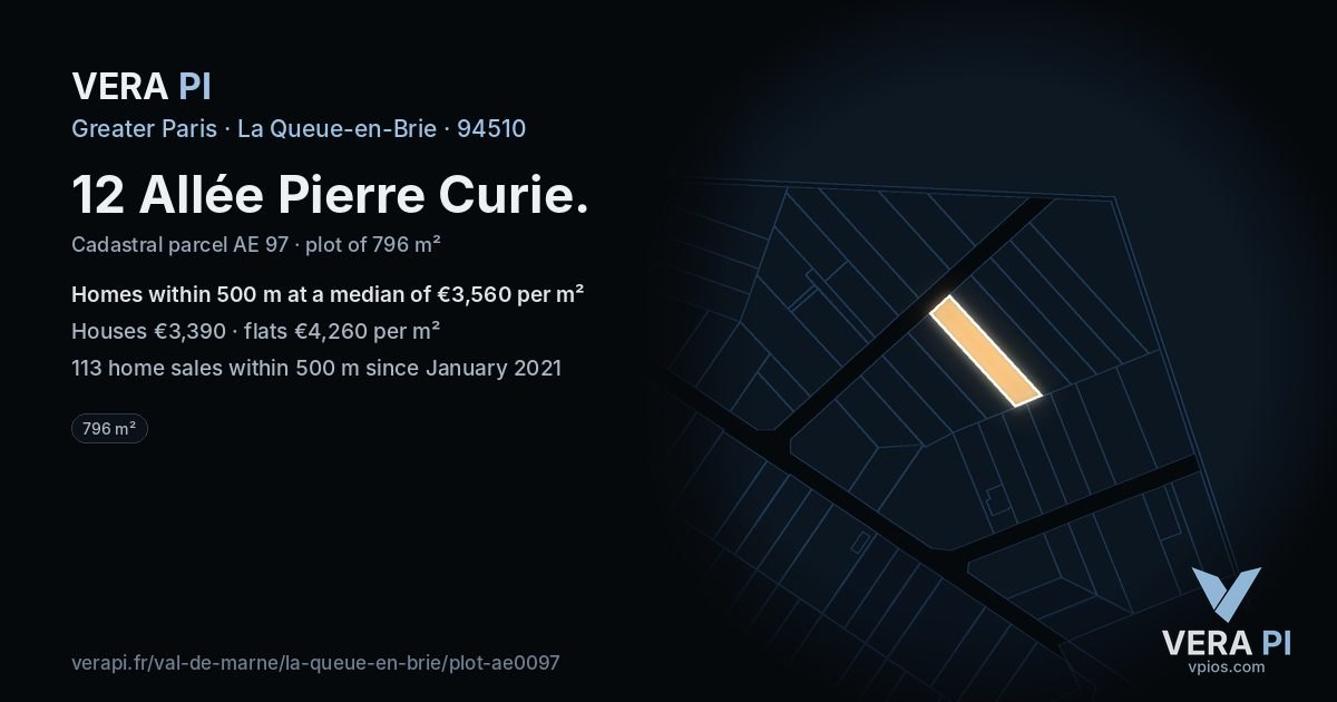 12 Allée Pierre Curie, La Queue-en-Brie at night – the plot lit, the parcels around coloured by the prices near them