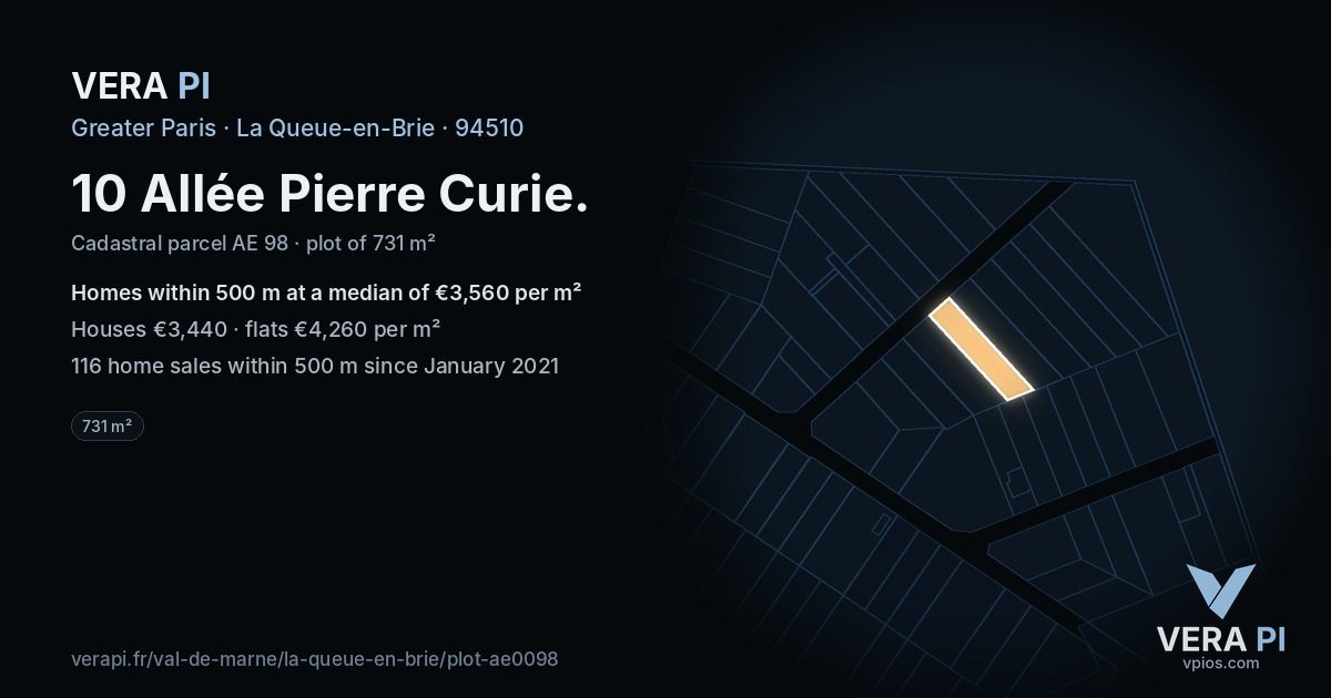 10 Allée Pierre Curie, La Queue-en-Brie at night – the plot lit, the parcels around coloured by the prices near them