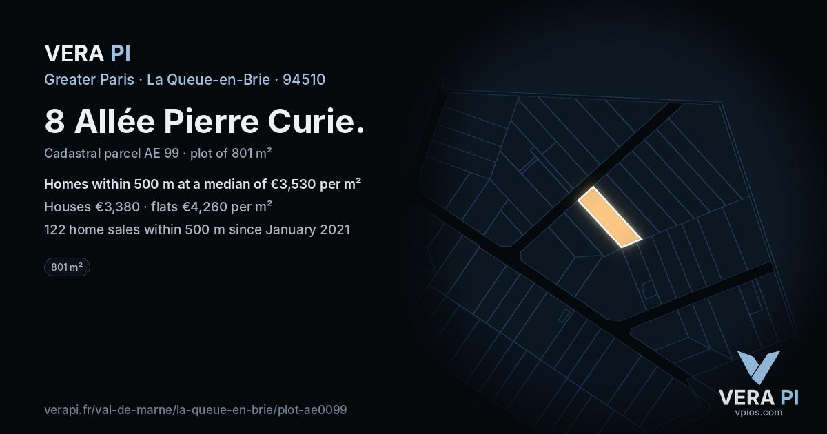8 Allée Pierre Curie, La Queue-en-Brie at night – the plot lit, the parcels around coloured by the prices near them