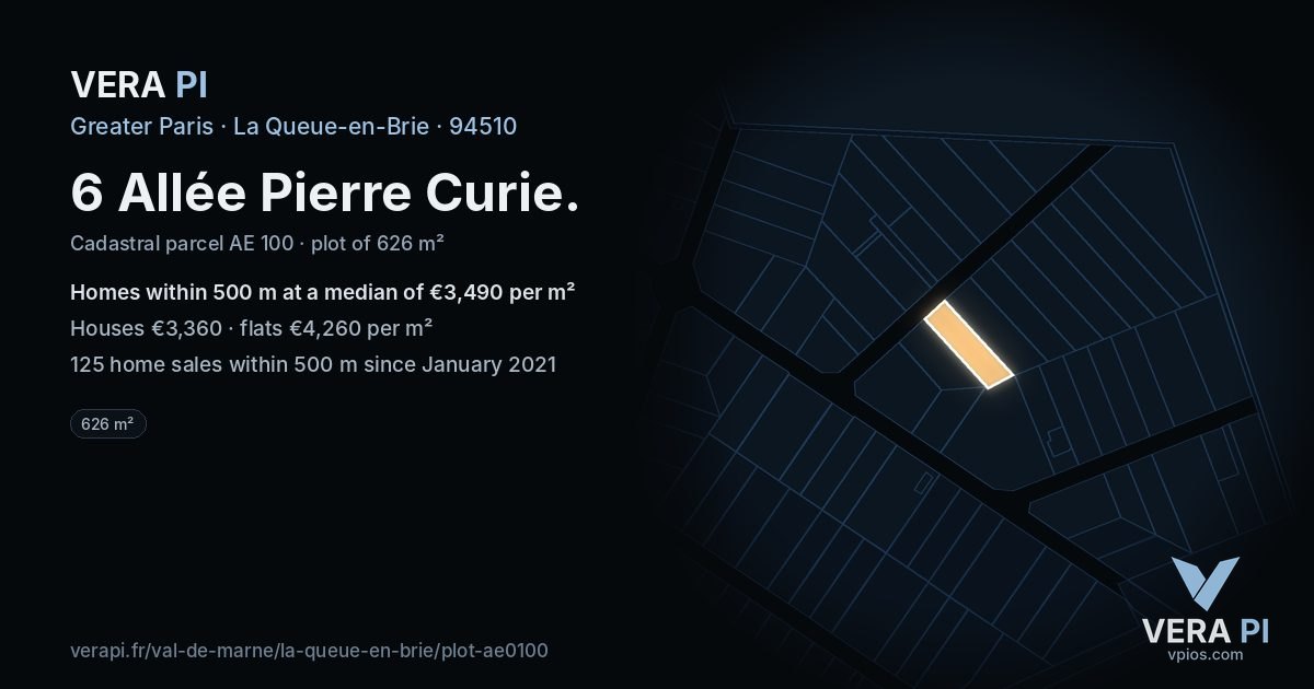 6 Allée Pierre Curie, La Queue-en-Brie at night – the plot lit, the parcels around coloured by the prices near them