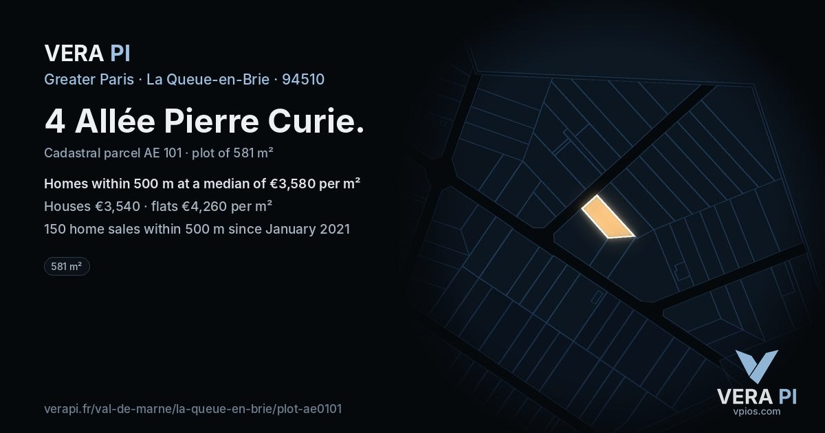 4 Allée Pierre Curie, La Queue-en-Brie at night – the plot lit, the parcels around coloured by the prices near them