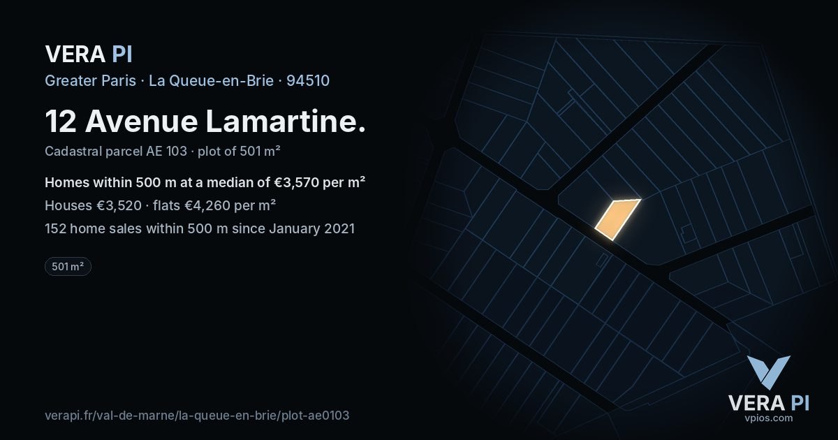 12 Avenue Lamartine, La Queue-en-Brie at night – the plot lit, the parcels around coloured by the prices near them
