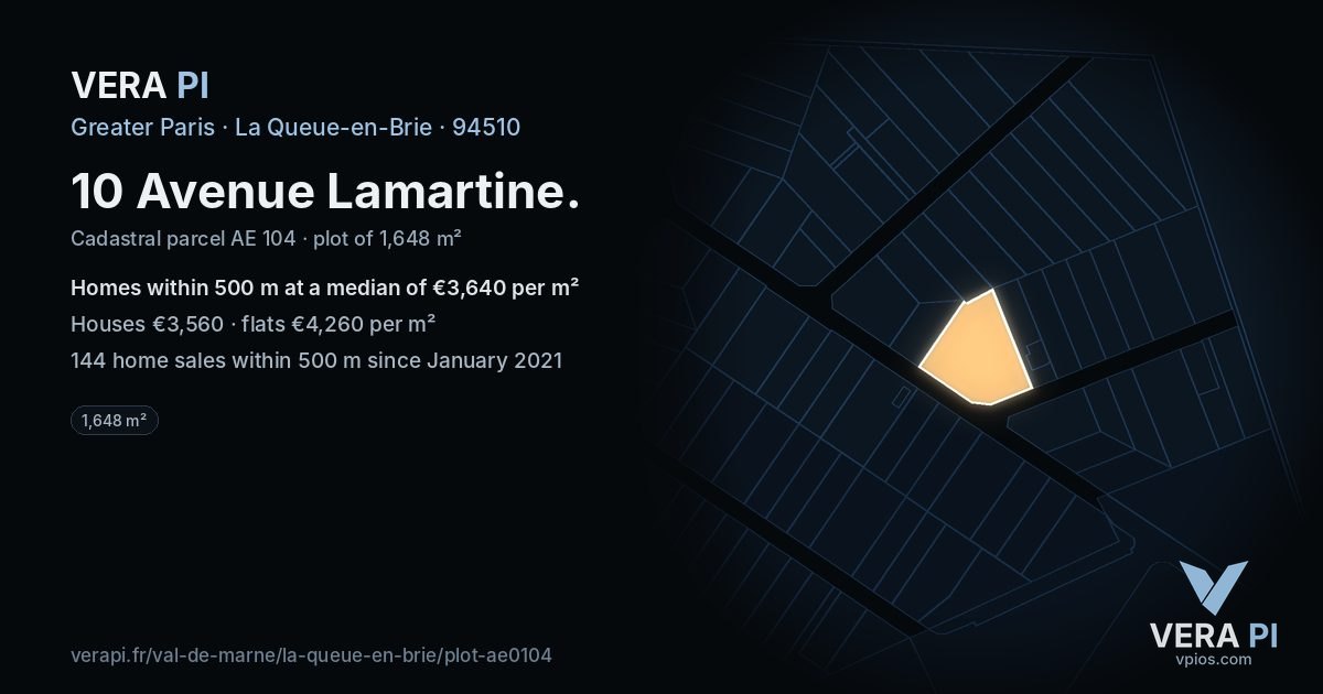 10 Avenue Lamartine, La Queue-en-Brie at night – the plot lit, the parcels around coloured by the prices near them