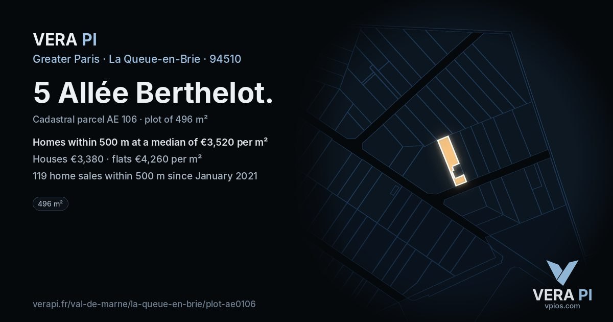 5 Allée Berthelot, La Queue-en-Brie at night – the plot lit, the parcels around coloured by the prices near them
