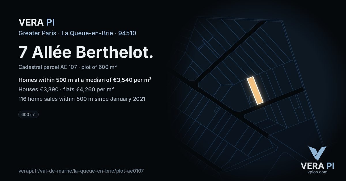 7 Allée Berthelot, La Queue-en-Brie at night – the plot lit, the parcels around coloured by the prices near them