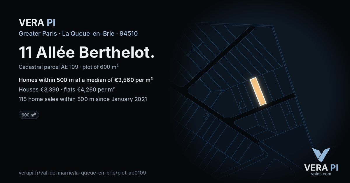 11 Allée Berthelot, La Queue-en-Brie at night – the plot lit, the parcels around coloured by the prices near them
