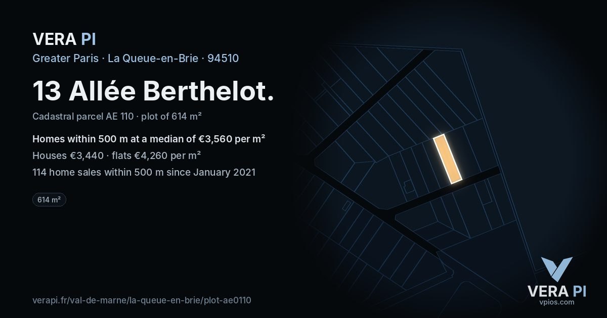 13 Allée Berthelot, La Queue-en-Brie at night – the plot lit, the parcels around coloured by the prices near them