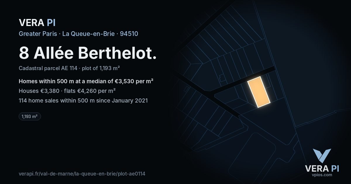 8 Allée Berthelot, La Queue-en-Brie at night – the plot lit, the parcels around coloured by the prices near them