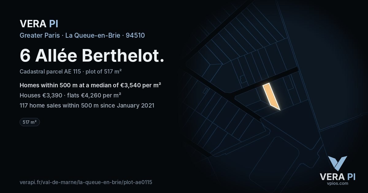 6 Allée Berthelot, La Queue-en-Brie at night – the plot lit, the parcels around coloured by the prices near them