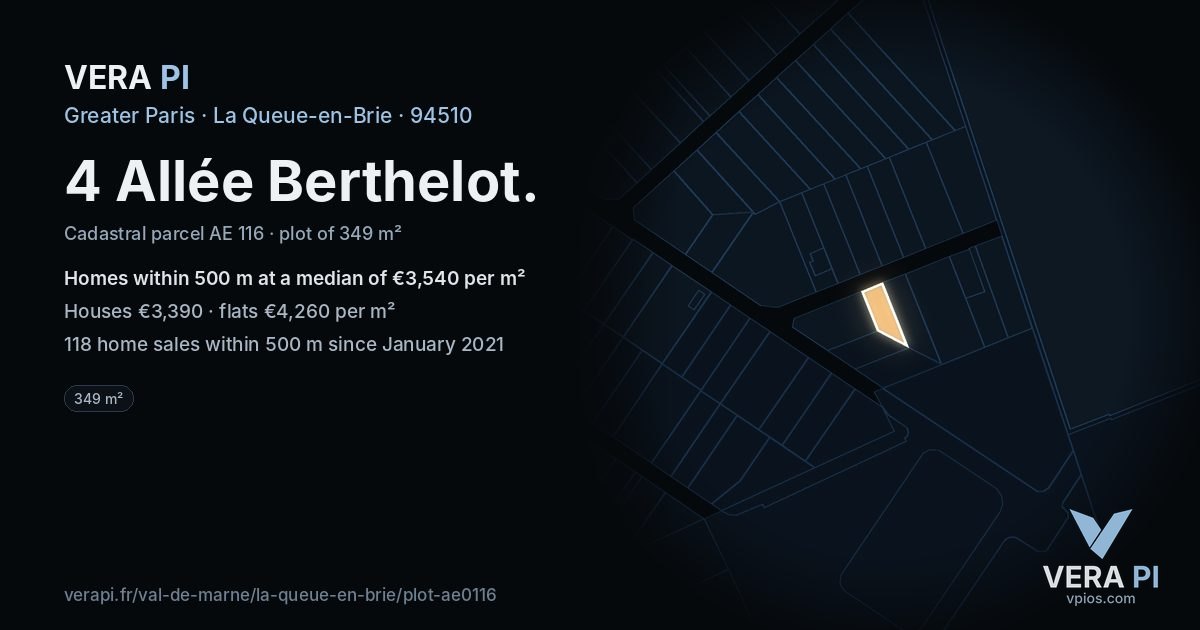 4 Allée Berthelot, La Queue-en-Brie at night – the plot lit, the parcels around coloured by the prices near them