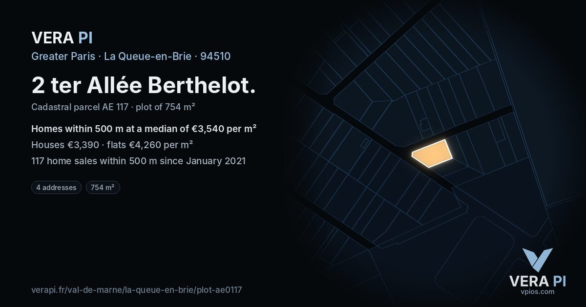 2 ter Allée Berthelot, La Queue-en-Brie at night – the plot lit, the parcels around coloured by the prices near them