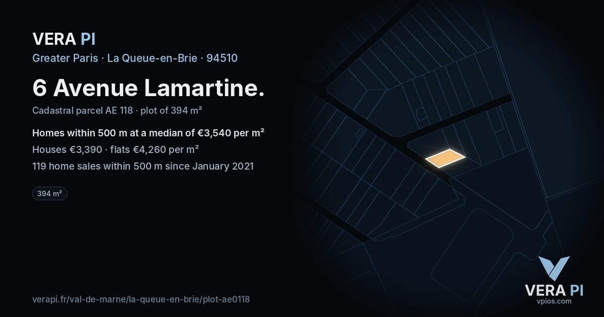 6 Avenue Lamartine, La Queue-en-Brie at night – the plot lit, the parcels around coloured by the prices near them
