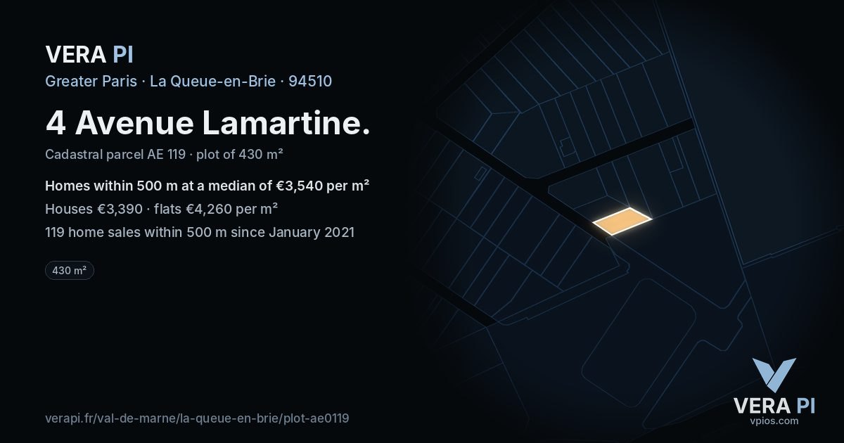 4 Avenue Lamartine, La Queue-en-Brie at night – the plot lit, the parcels around coloured by the prices near them