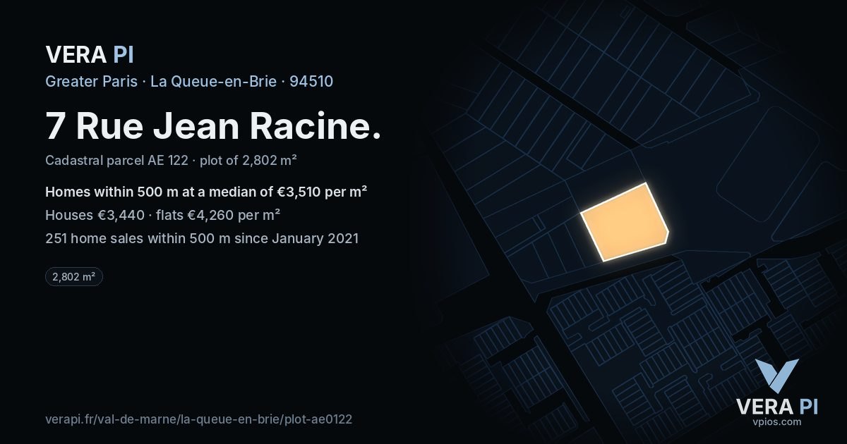 7 Rue Jean Racine, La Queue-en-Brie at night – the plot lit, the parcels around coloured by the prices near them