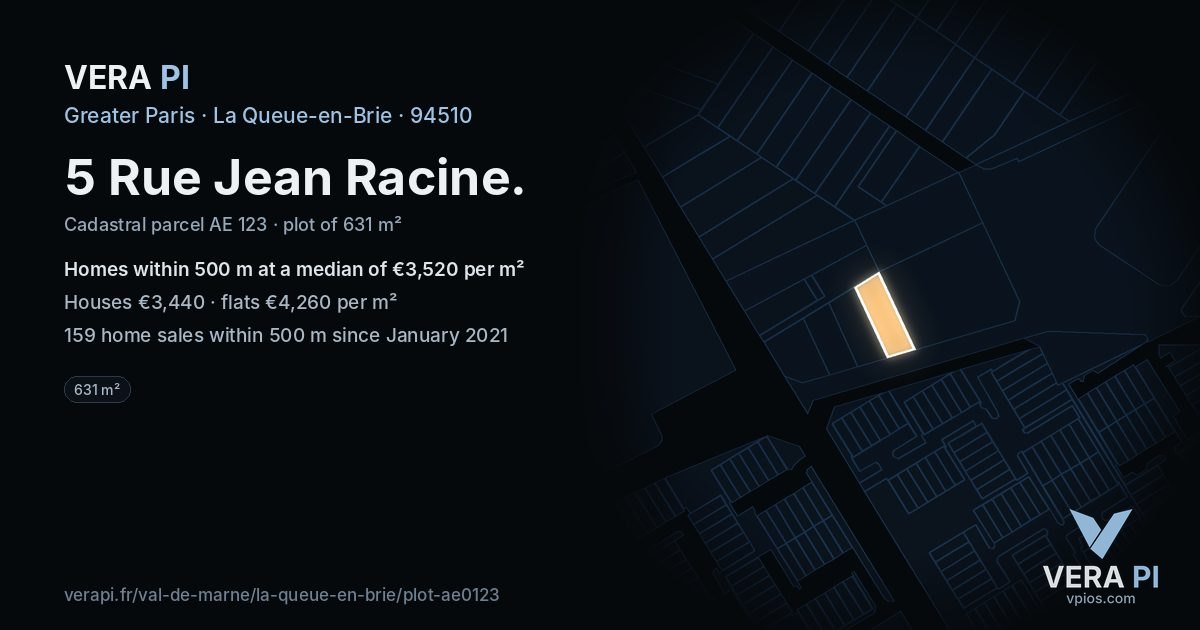 5 Rue Jean Racine, La Queue-en-Brie at night – the plot lit, the parcels around coloured by the prices near them