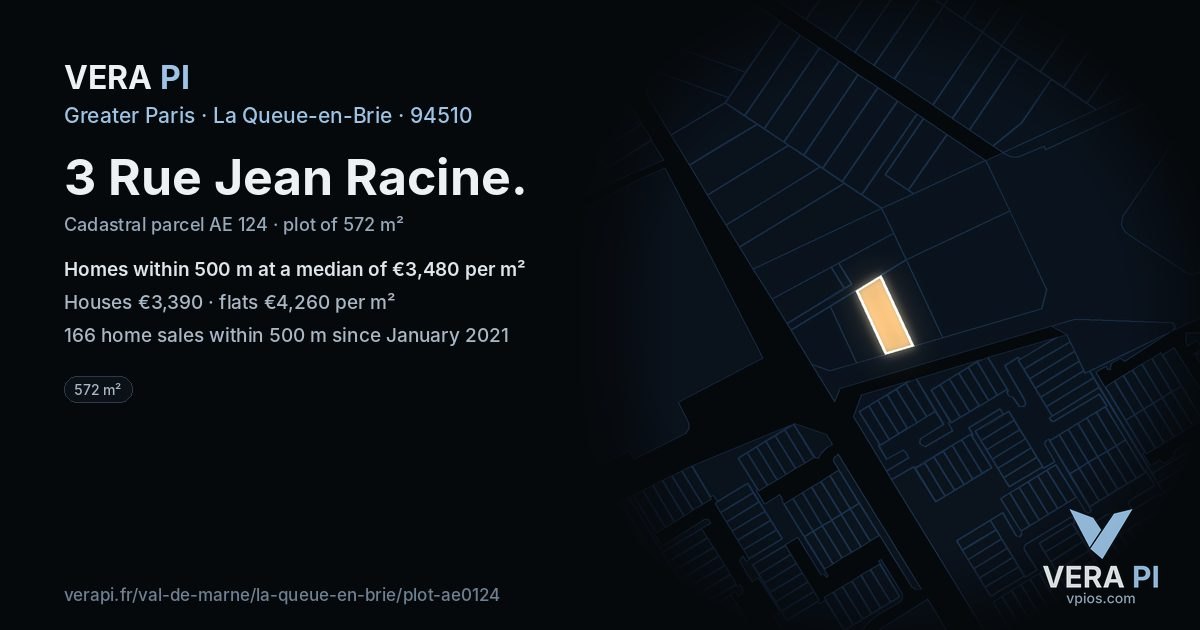 3 Rue Jean Racine, La Queue-en-Brie at night – the plot lit, the parcels around coloured by the prices near them