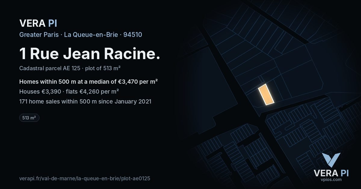 1 Rue Jean Racine, La Queue-en-Brie at night – the plot lit, the parcels around coloured by the prices near them