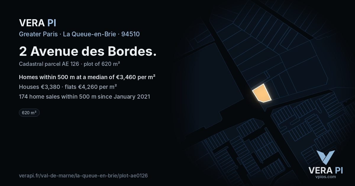 2 Avenue des Bordes, La Queue-en-Brie at night – the plot lit, the parcels around coloured by the prices near them