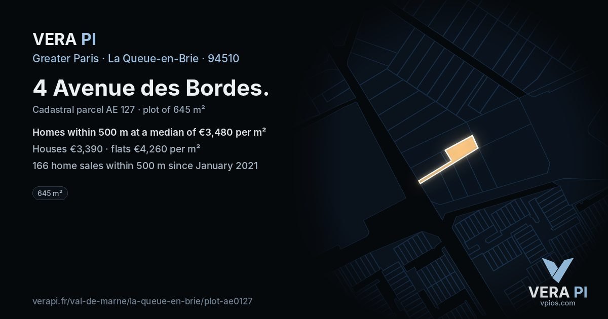 4 Avenue des Bordes, La Queue-en-Brie at night – the plot lit, the parcels around coloured by the prices near them